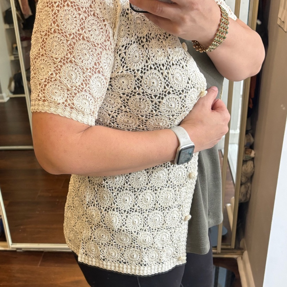 Vintage Hand Crocheted Doily Pattern Short Sleeve Button Down Cardigan Sweater S - Picture 11 of 11